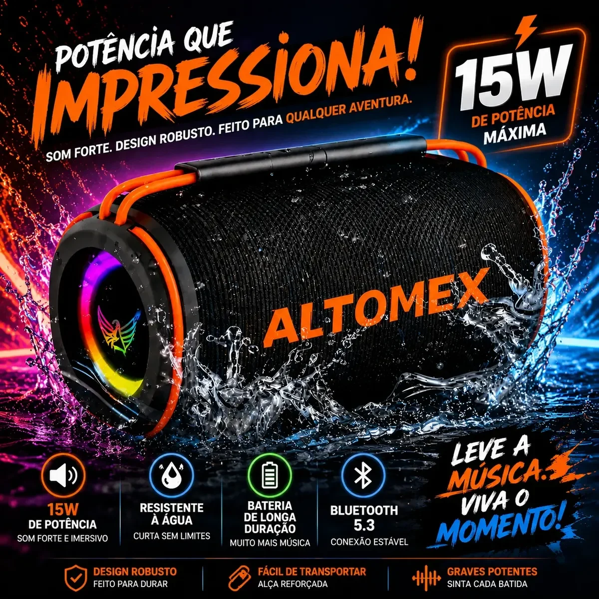 Caixa de Som Bluetooth Portátil 15 W IPX6 Preta, foto 4
