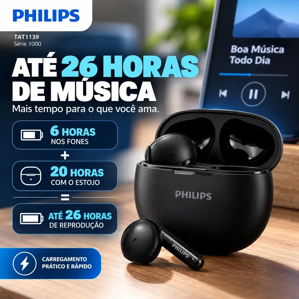 Fone de Ouvido Sem Fio Philips TAT1139 Preto, foto 5